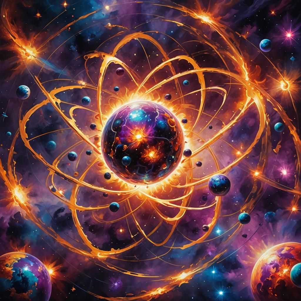 Celestial Atom in Space, Vibrant Oil Painting