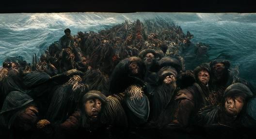 Epic Naval Battle Scene in Engraving Style