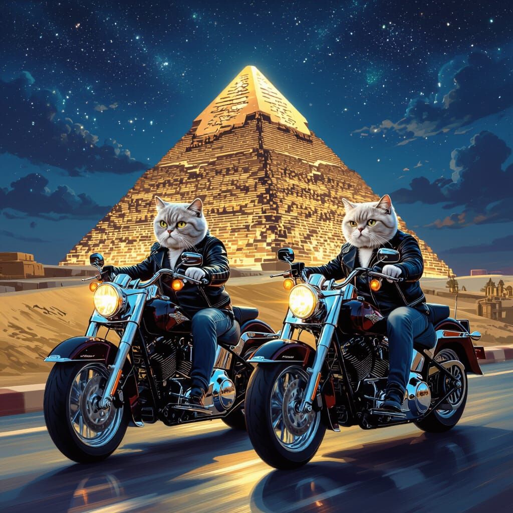 Cats Ride Motorcycles at Night in Art Deco Style