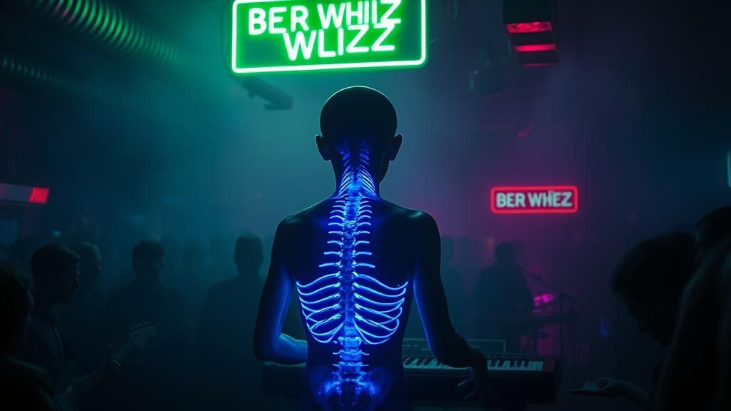 Neon Spine Keyboardist in Sci-Fi Music Club