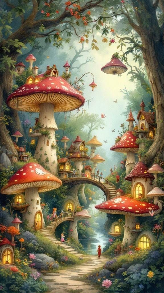 Enchanted Fairy Village in Watercolor Style