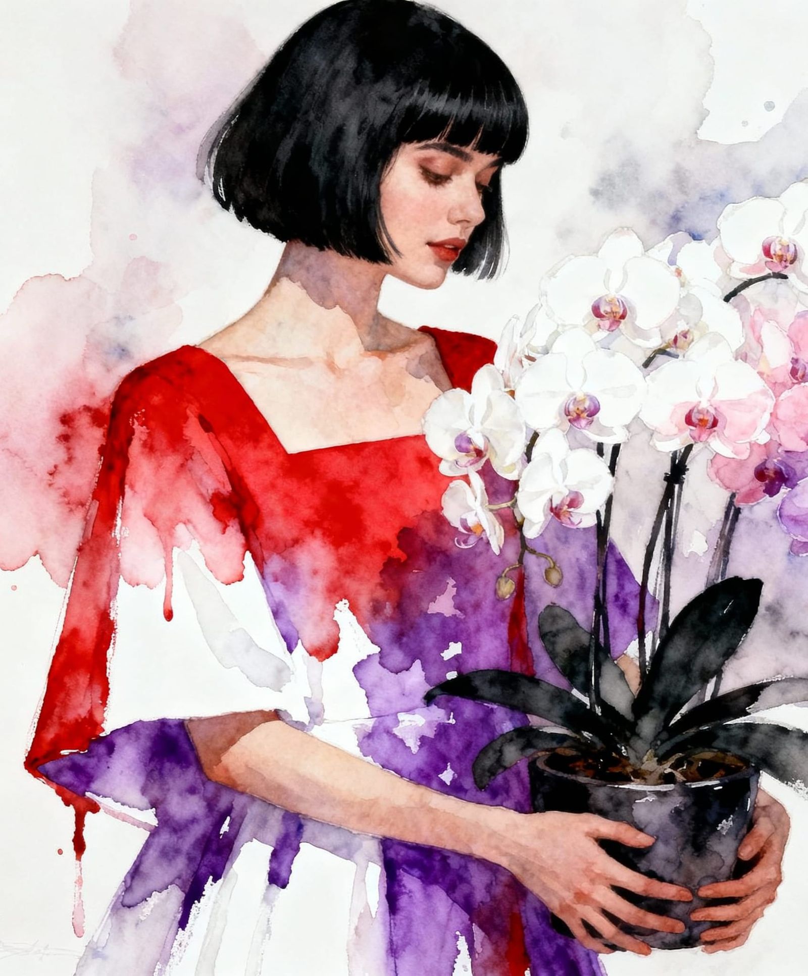 Ethereal Watercolor Orchid Portrait in Red and Purple