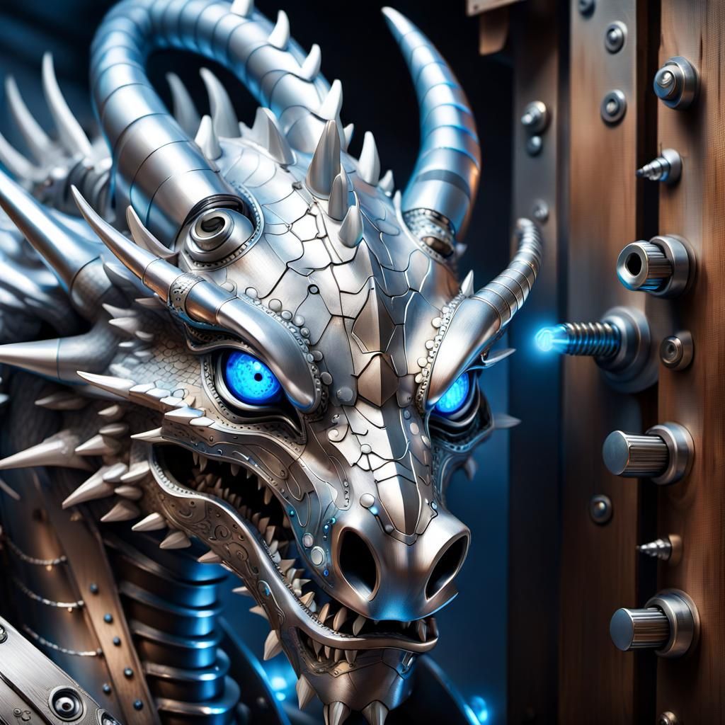 Silver Mechanical Dragon with Glowing Eyes and Wooden Horns