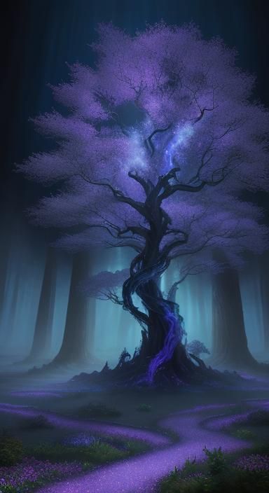 Ethereal Time-Weave Tree in Blue-Purple Light