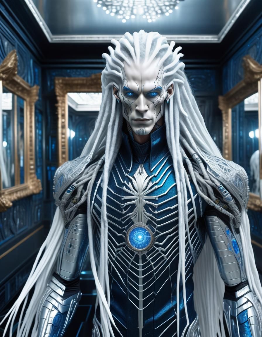 Alien Cyborg with Silver Dreadlocks in Hall of Mirrors