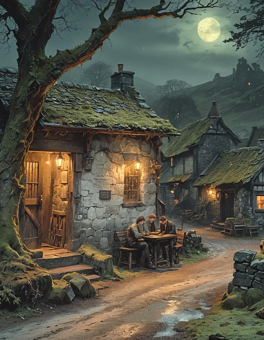 Foggy Night: Men Approach Remote Pub