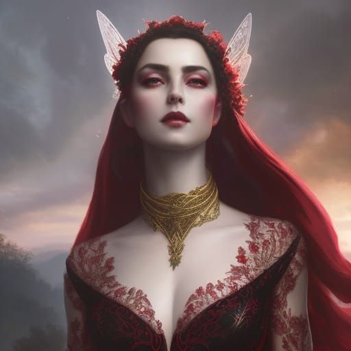 Fairy Queen in Red Lace Gown, Digital Art