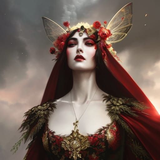 Fairy Queen in Red Lace Gown, Fantasy Art