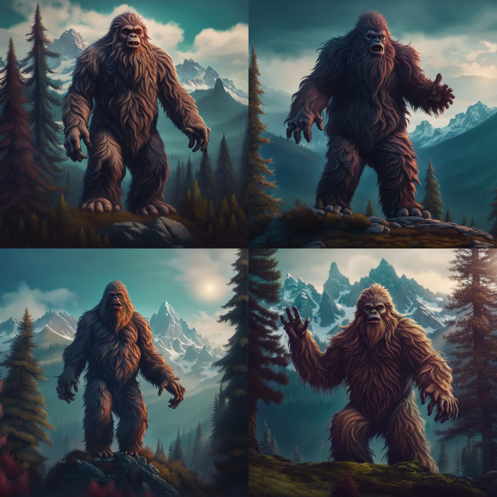 Friendly Sasquatch Waving in Mountain Landscape
