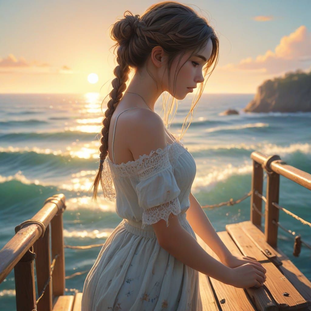 Young Woman on Half-Sunken Shipwreck in Watercolor Anime Sty...