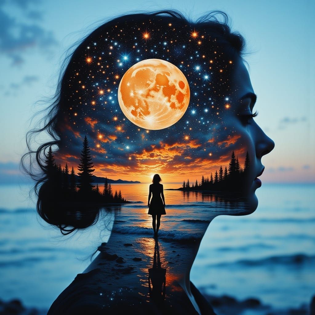 Intergalactic Sunset Beach Silhouette Double Exposure