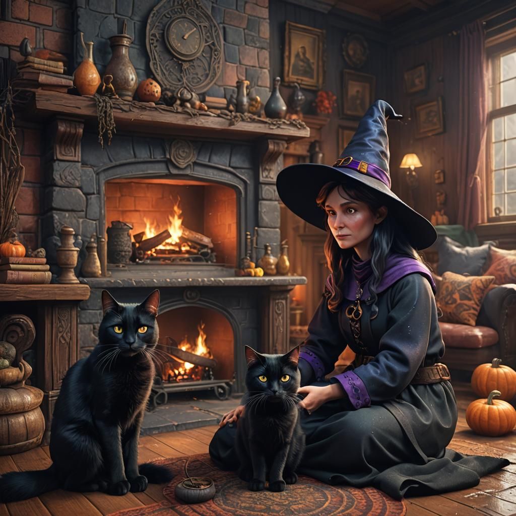 Cozy Witch and Black Cat in 3D Digital Art