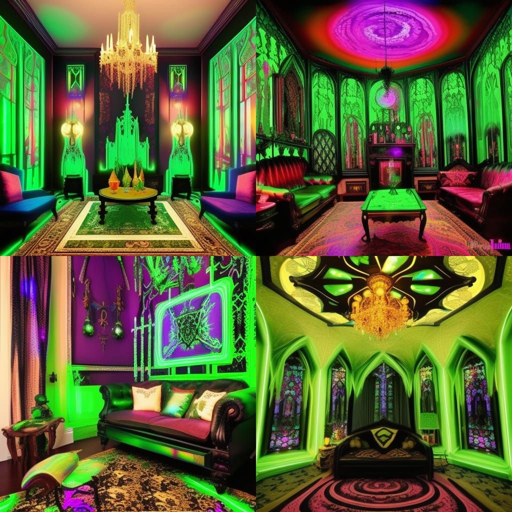 Gothic living room with black lights& Gothic chandelier with iridescent green light& psychedelic Gothic furniture& psych...