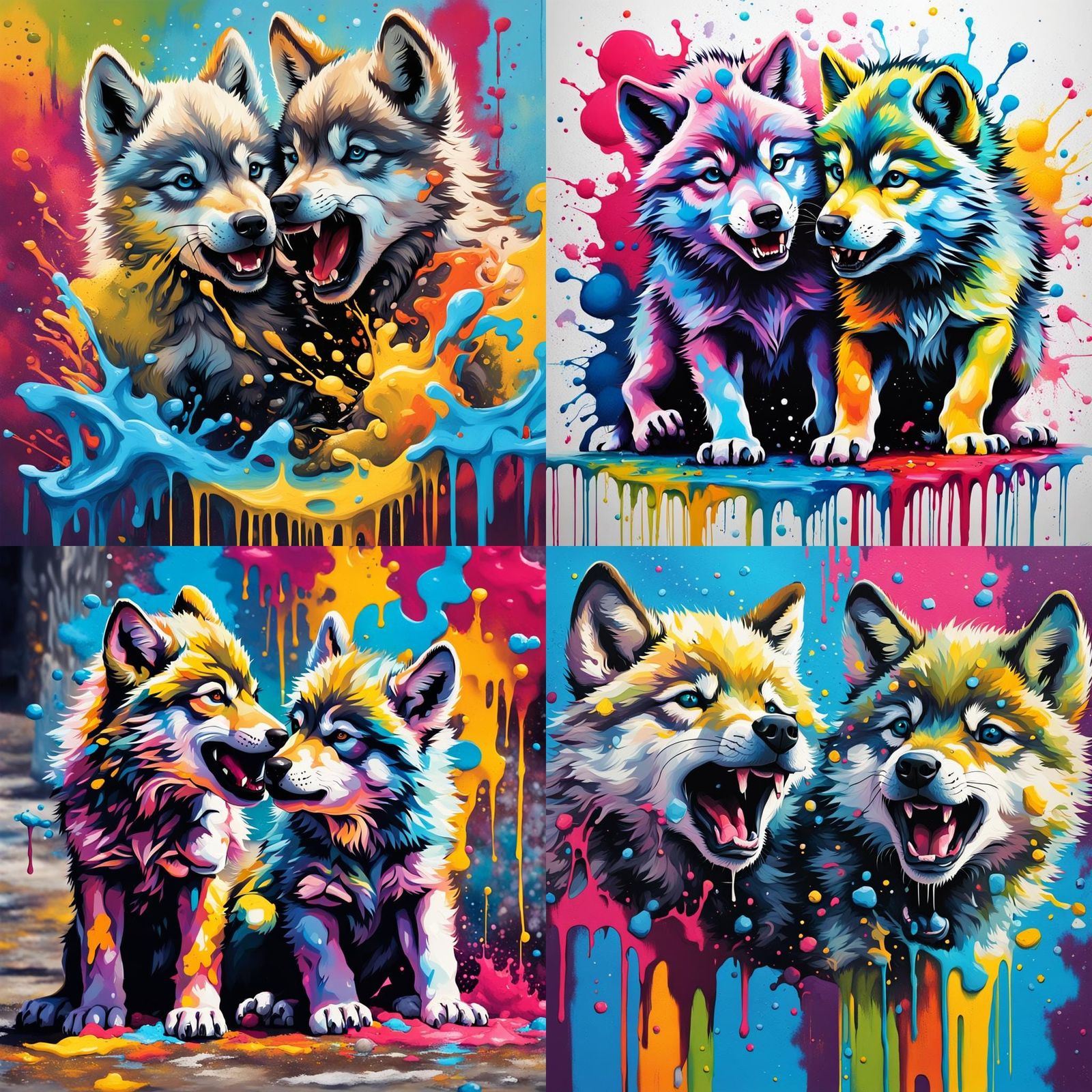 Cute Baby Wolves in Graffiti Splash Art