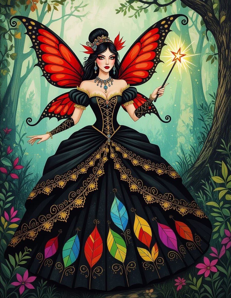 Evil Fairy in Baroque Style with Red Wings