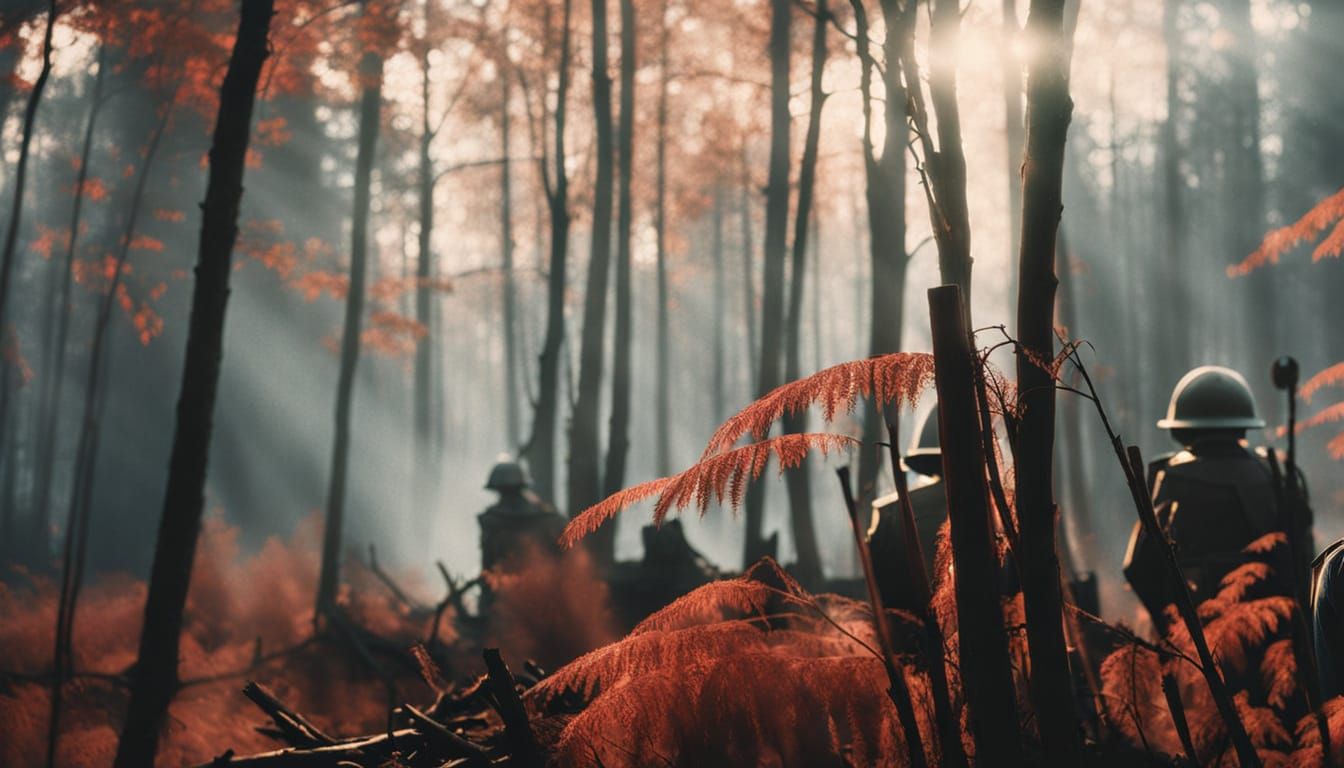 Ethereal Red Forest with Foggy Lights in Vintage Style