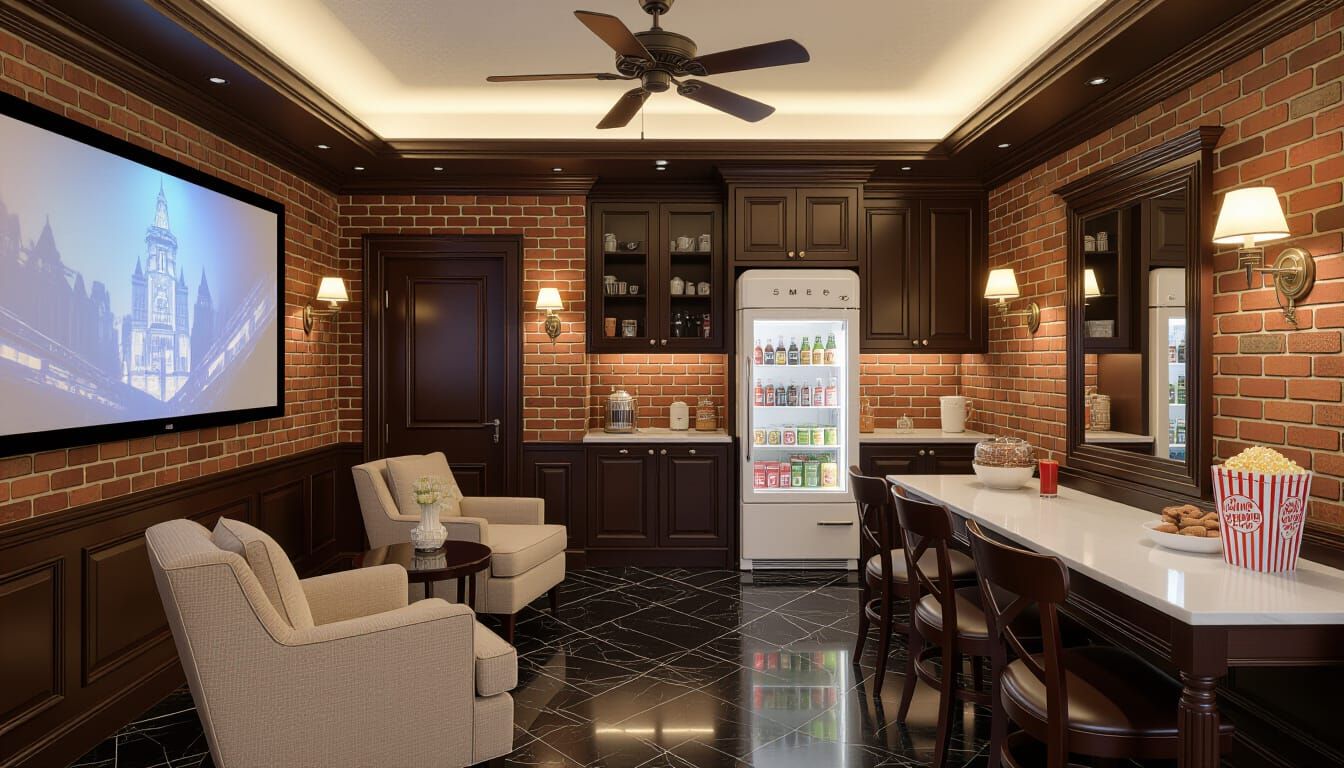 Victorian Cinema Room with Hidden Door and Snacks