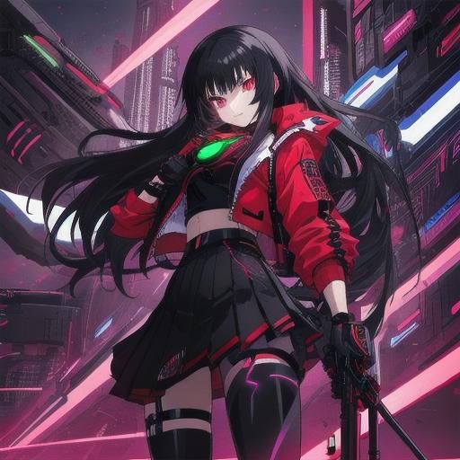 Cyborg Anime Girl with Neon Blades in Manga Style