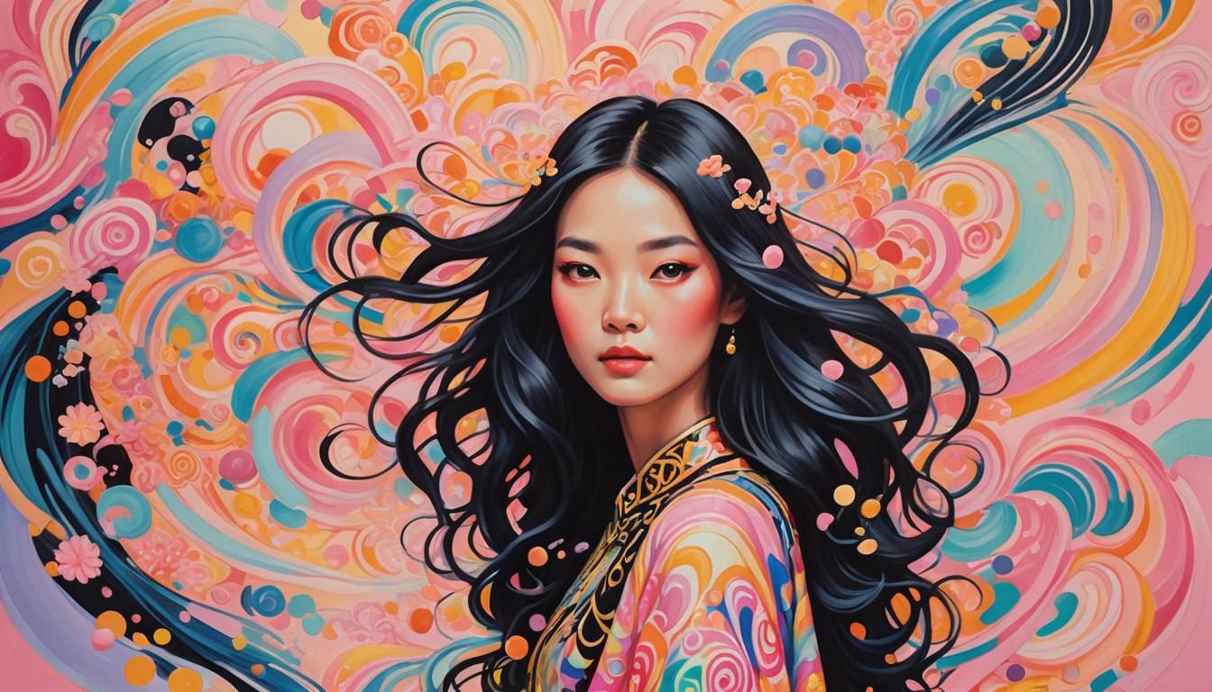 Surreal Candyland Portrait of Asian Woman in Gouache