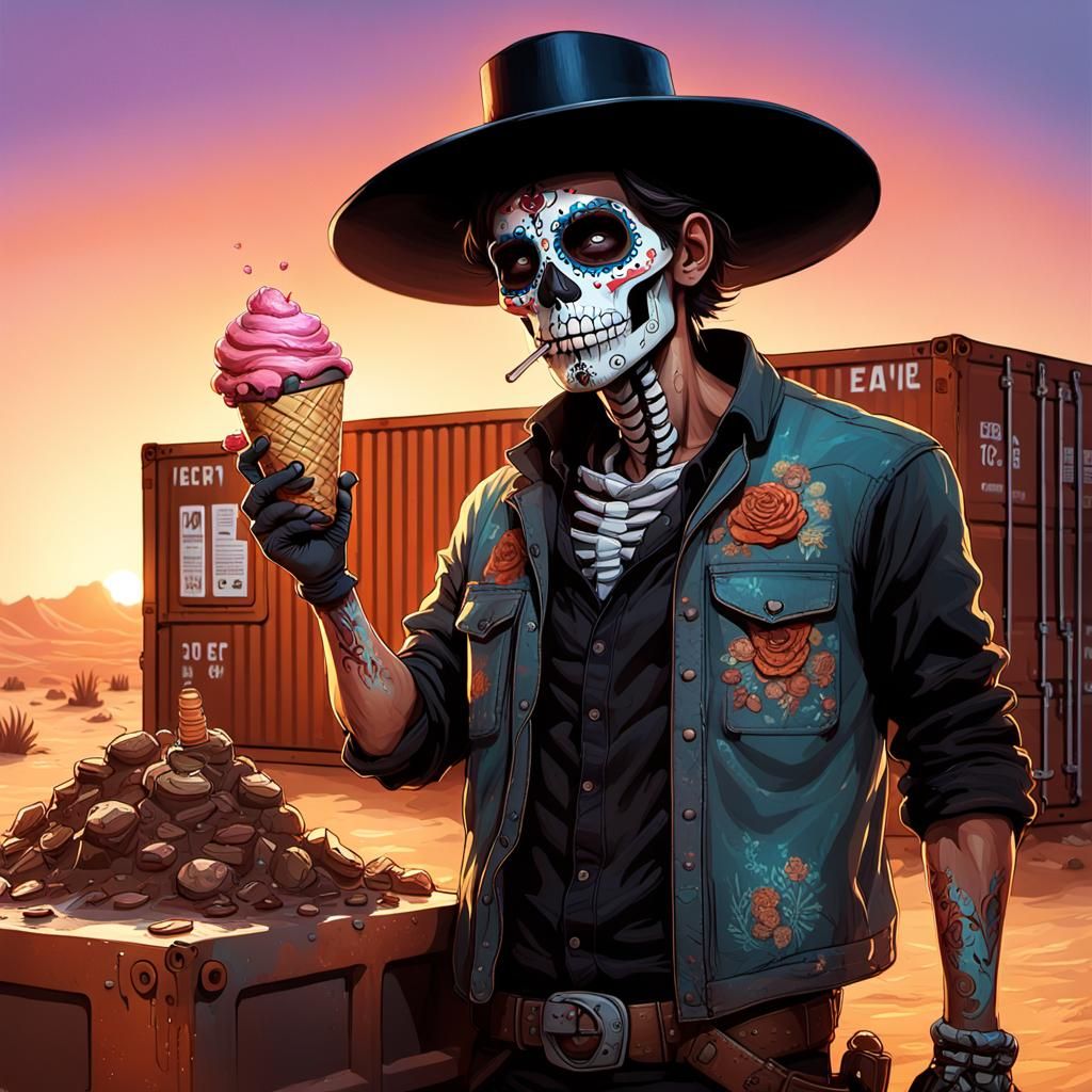 Day of the Dead construction man with black sombrero eating exploding chocolate ice cream cone on rusty patina shipping ...