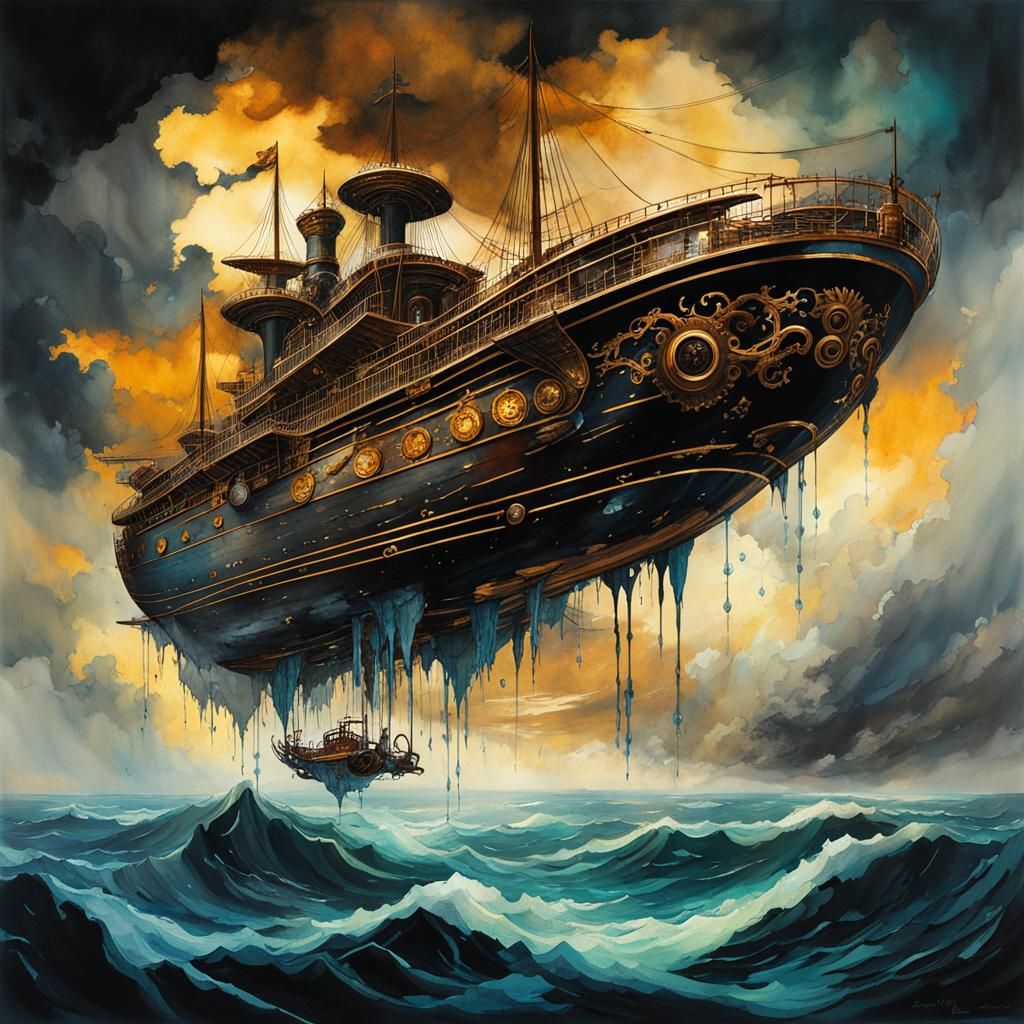 Steampunk Skyship Emerges from Storm in Ink Painting