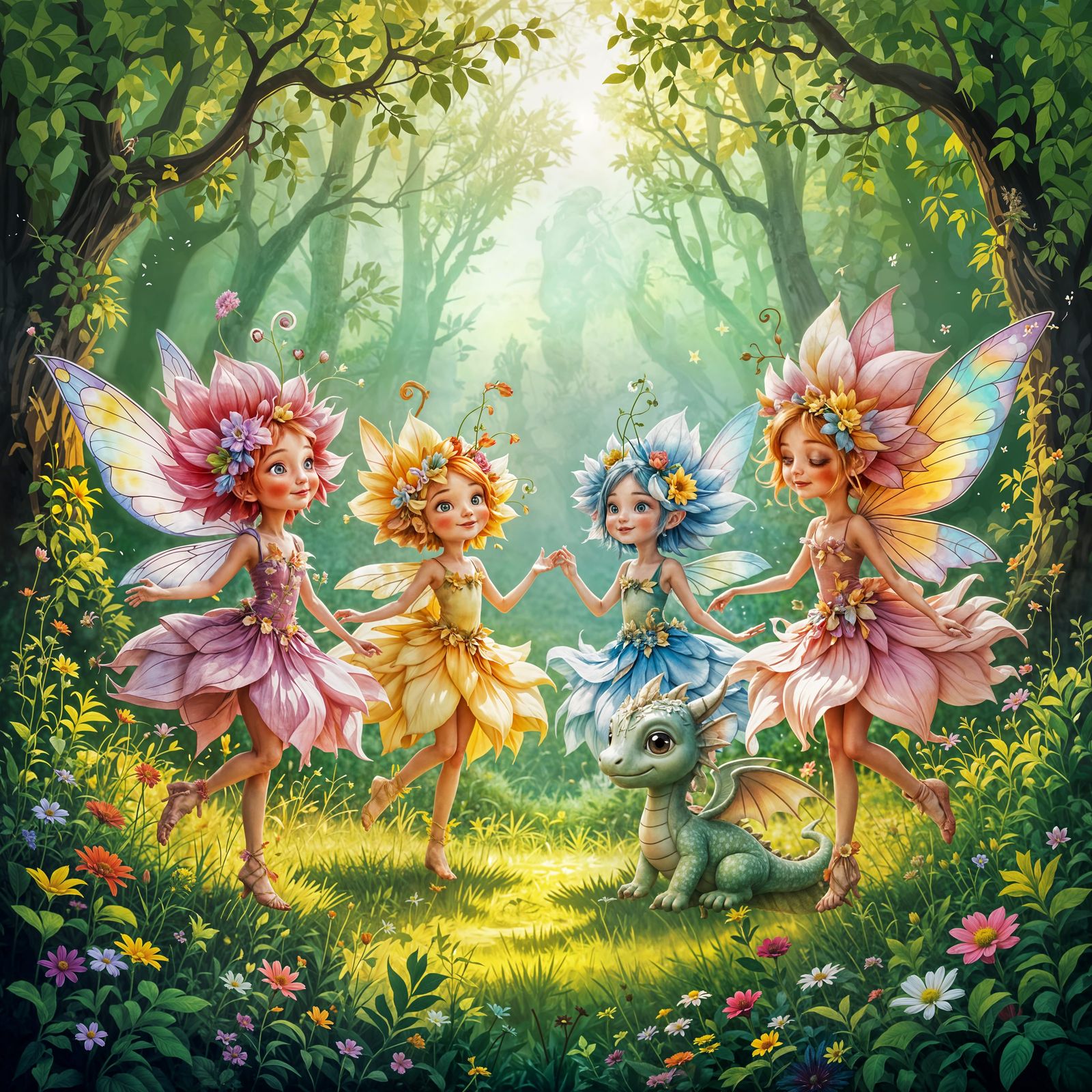 Anthropomorphic Flowers Dancing in Enchanted Forest