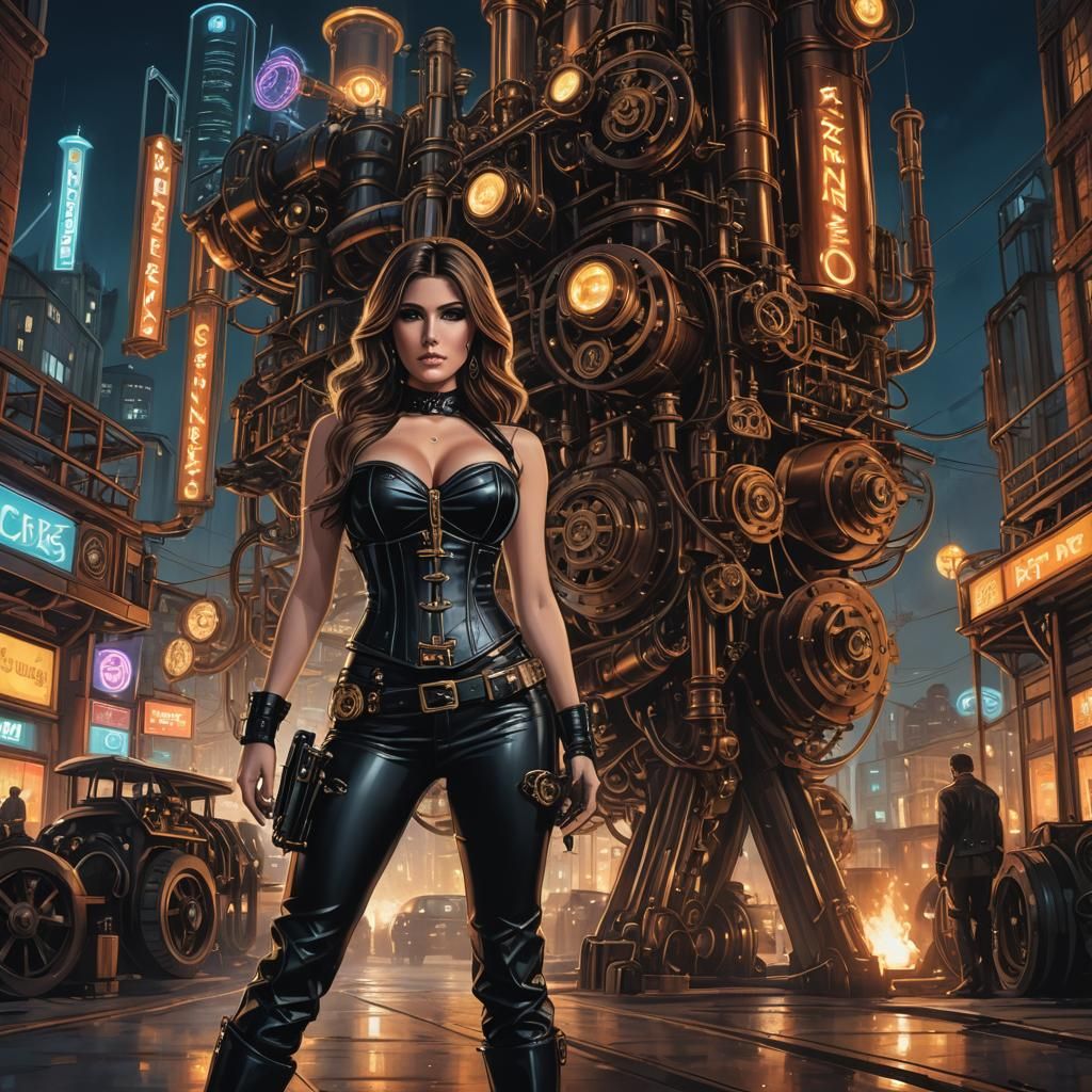 Steampunk Lucy Pinder in Neon Cityscape Illustration