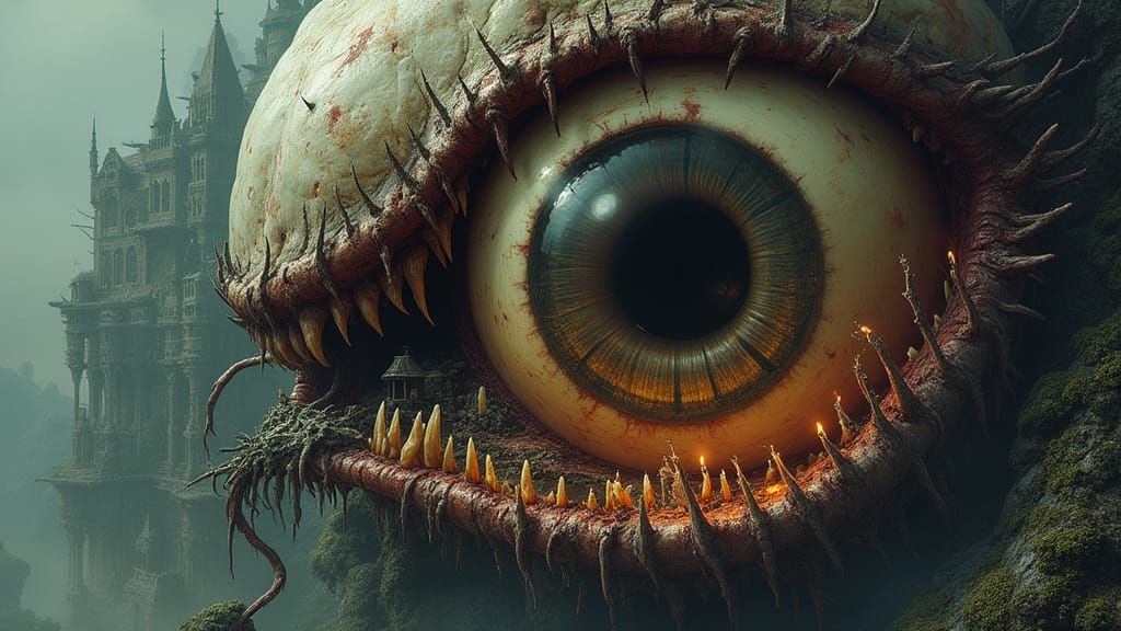 Surreal Dark Fantasy Eyeball with Gnarled, Pulsing Veins and...