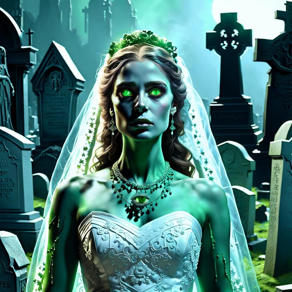 Ethereal Ghost Bride Portrait in Graveyard Setting