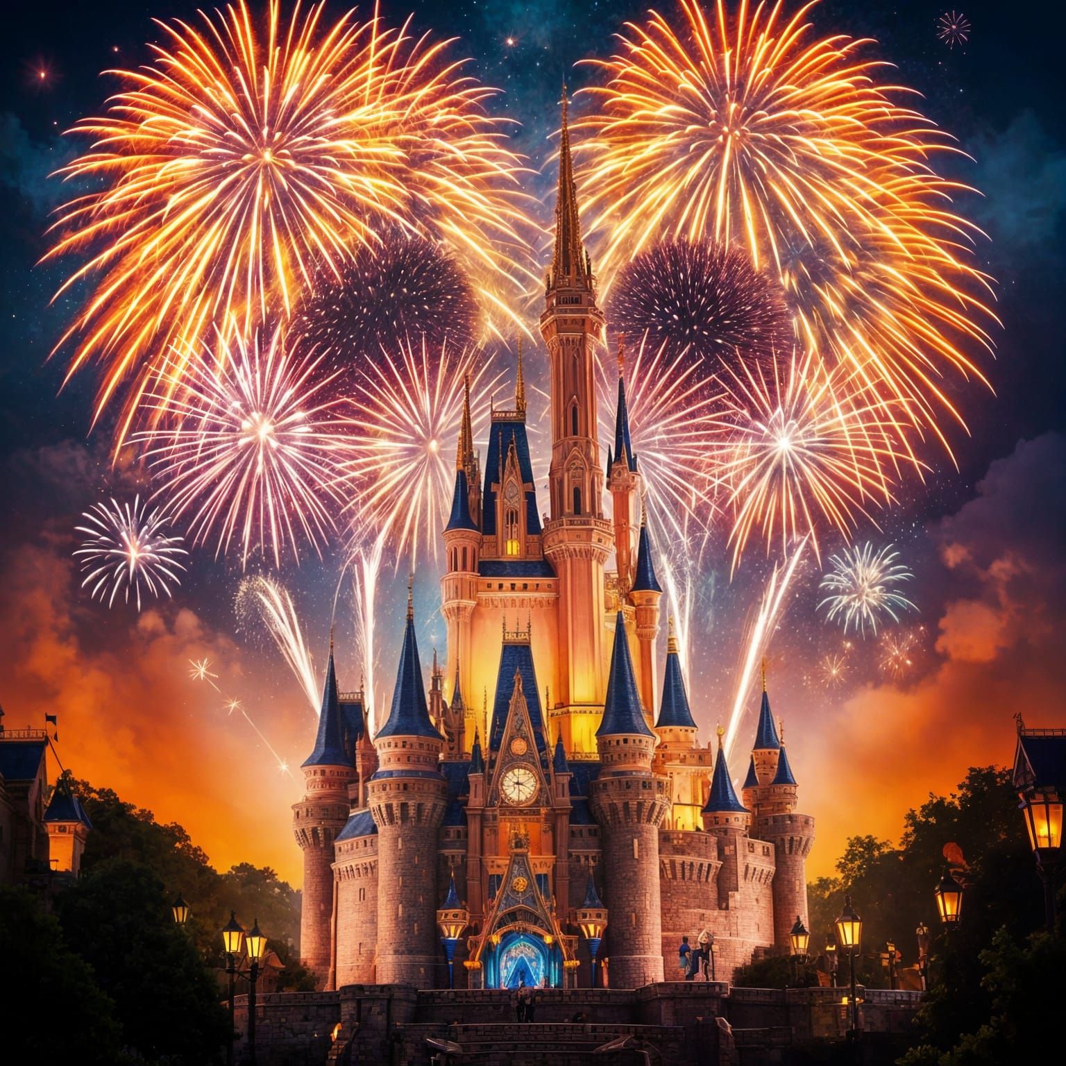 Magical Disney Castle with Fireworks at Night
