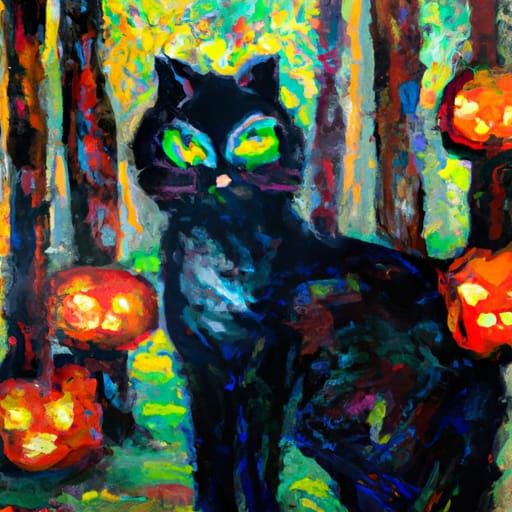 Black Cat Juggling Pumpkins, Neo-Impressionist Oil Painting