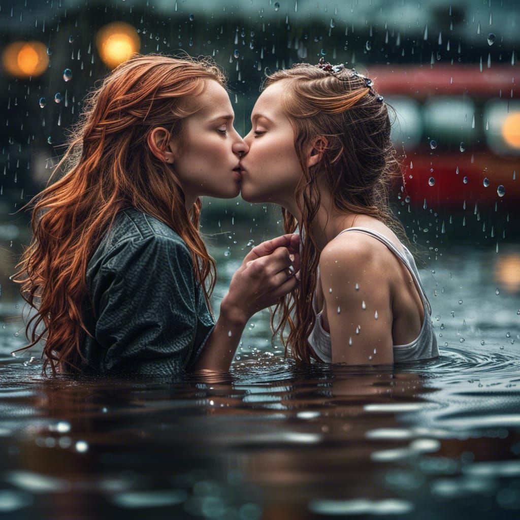 Romantic Kiss in a Hyperrealistic Watery Dreamscape