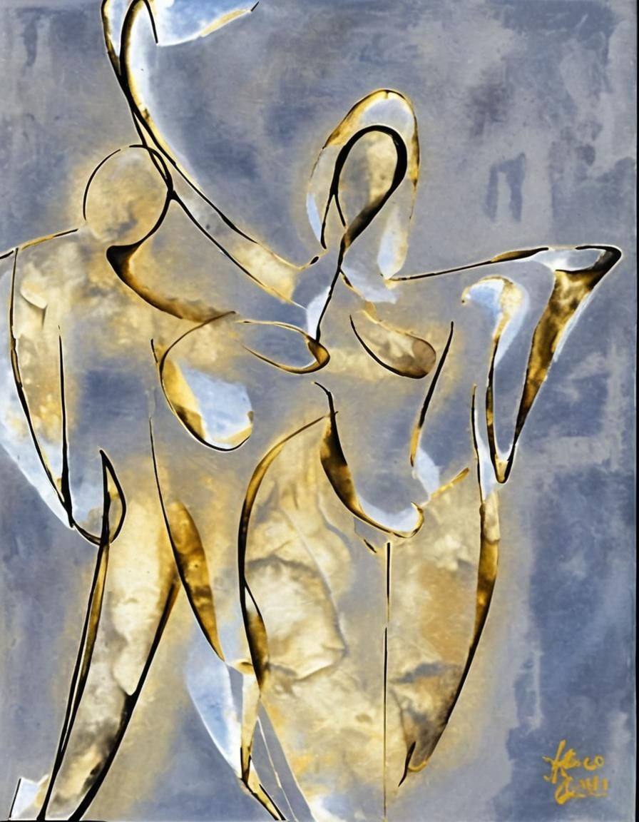 Intertwined Figures in Gold and Black: Surreal Gouache