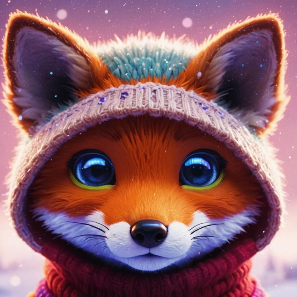 Pixar-Style Cybernetic Fox Cub in Retrowave Scene