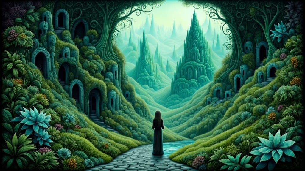 Ethereal Woman in Luminous Jungle Ruins