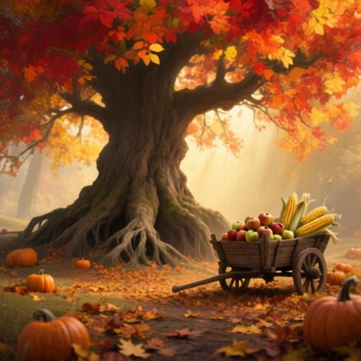 Ancient Autumn Tree With Fiery Leaves and Golden Light