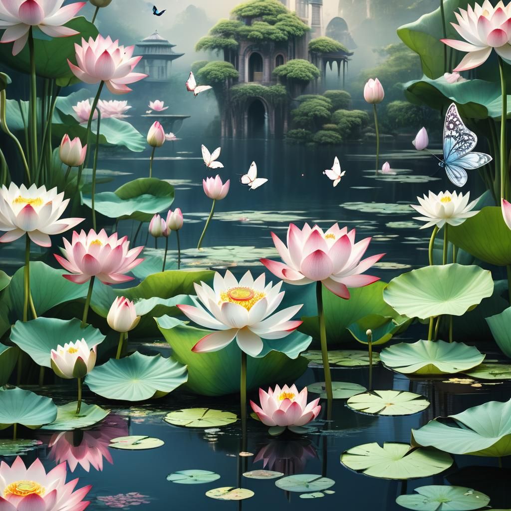 Romantic Lotus Flower and Butterfly in 3D Render