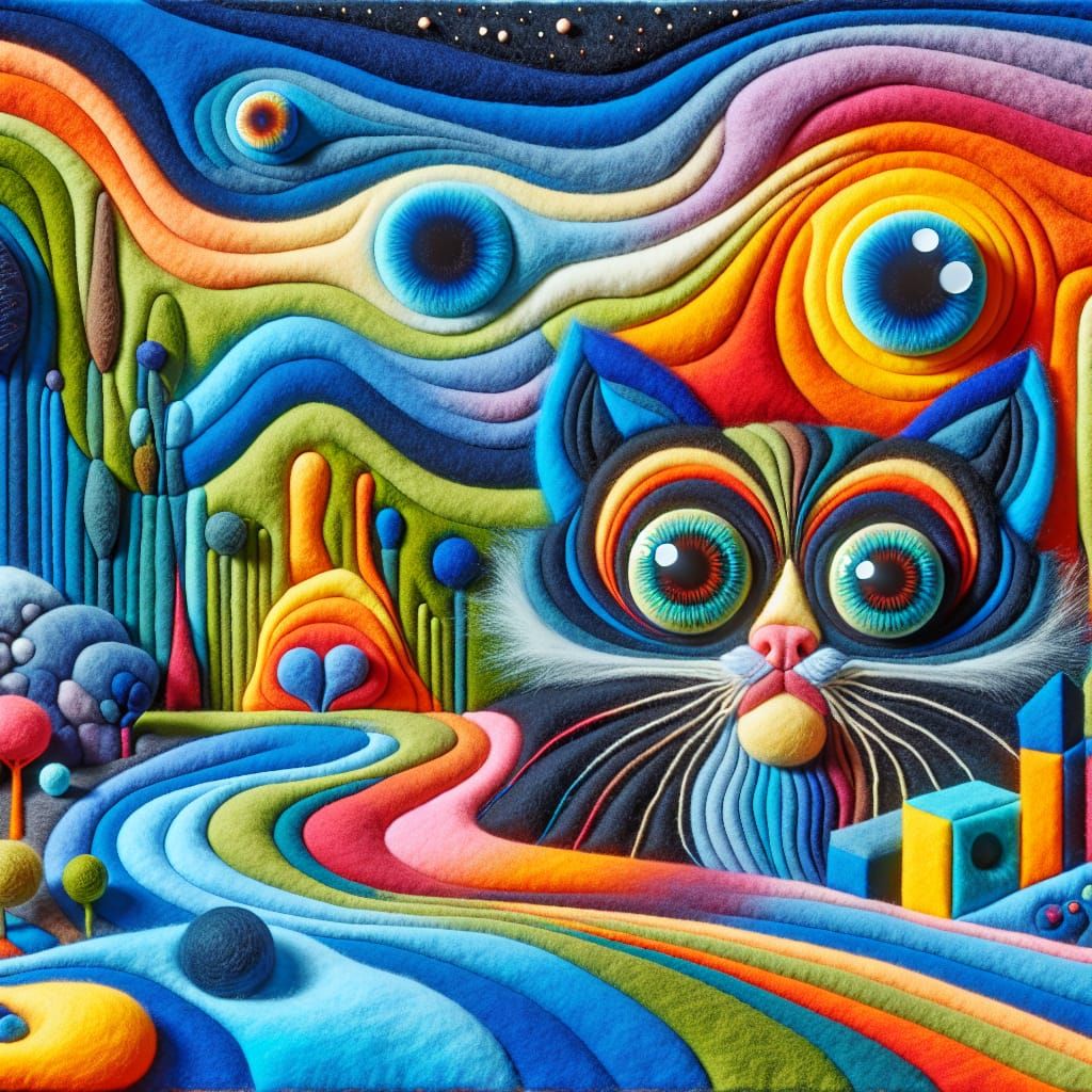Googly-Eyed Felt Cat in Surreal Psychedelic Landscape