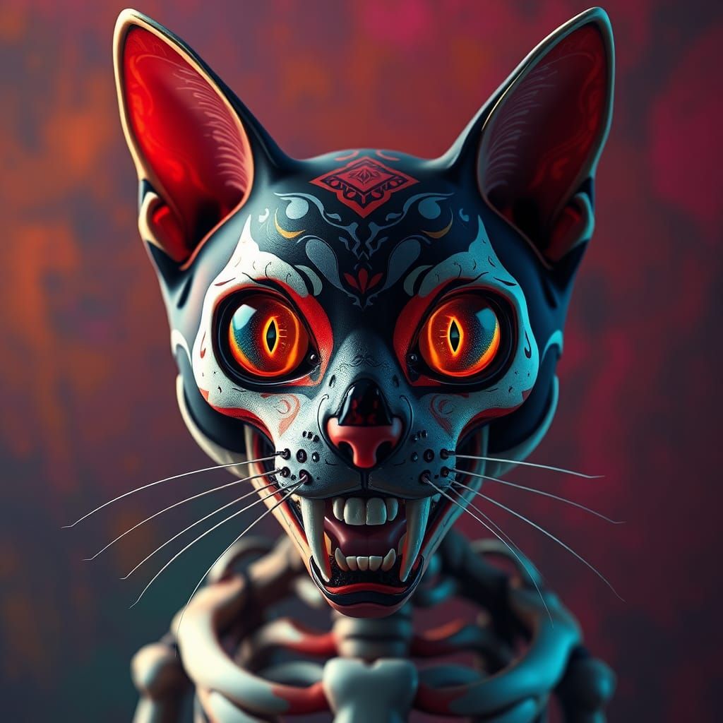 Day of the Dead Skeletal Cat in Digital Art Style