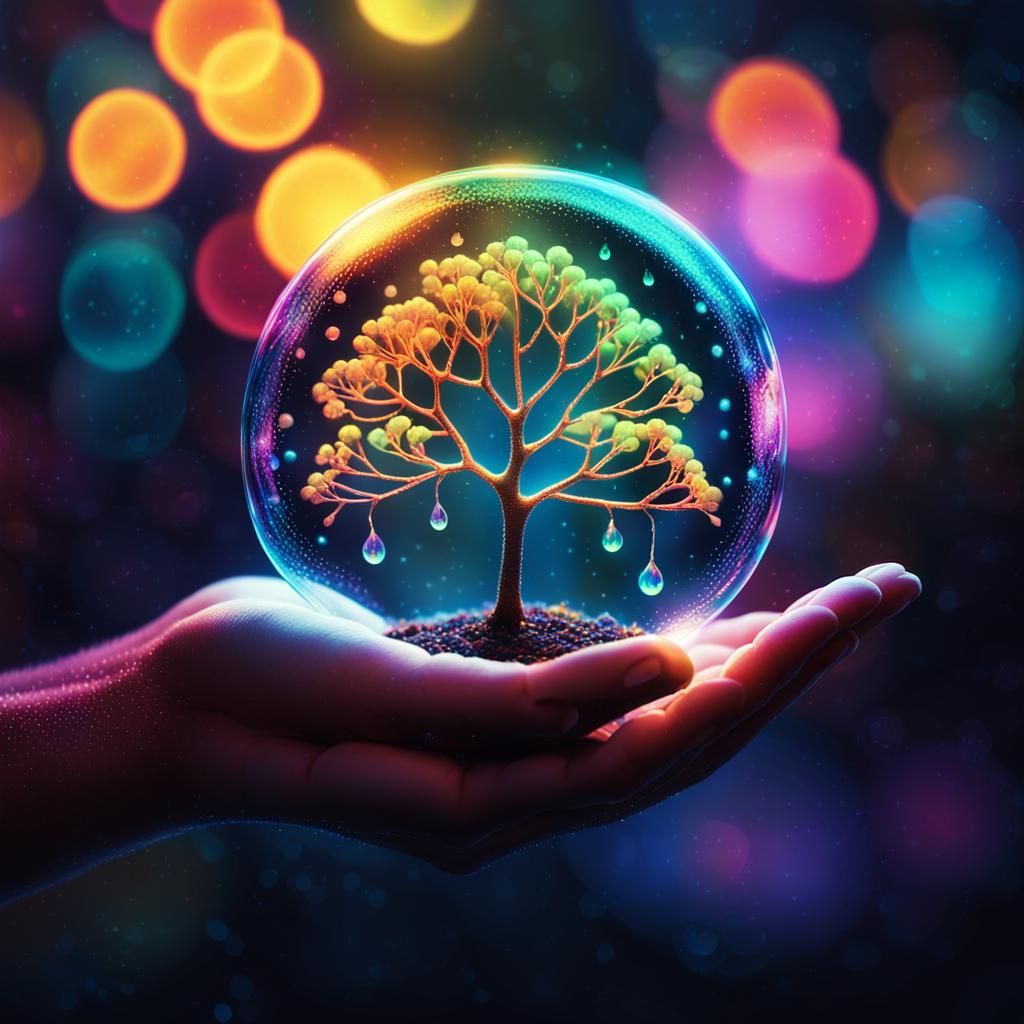 Hand Holding Glowing Seed with Tree: Neon Macro Art