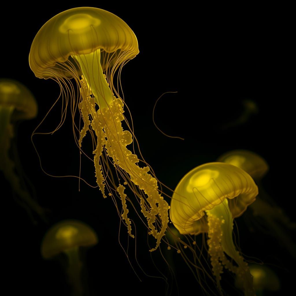 Glowing Jellyfish in Dark Waters with Golden Tentacles
