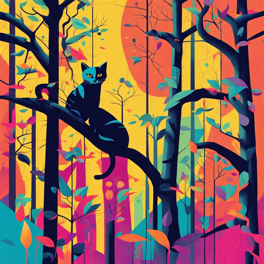 Enchanted Cat Forest in Geometric Pop Art Style