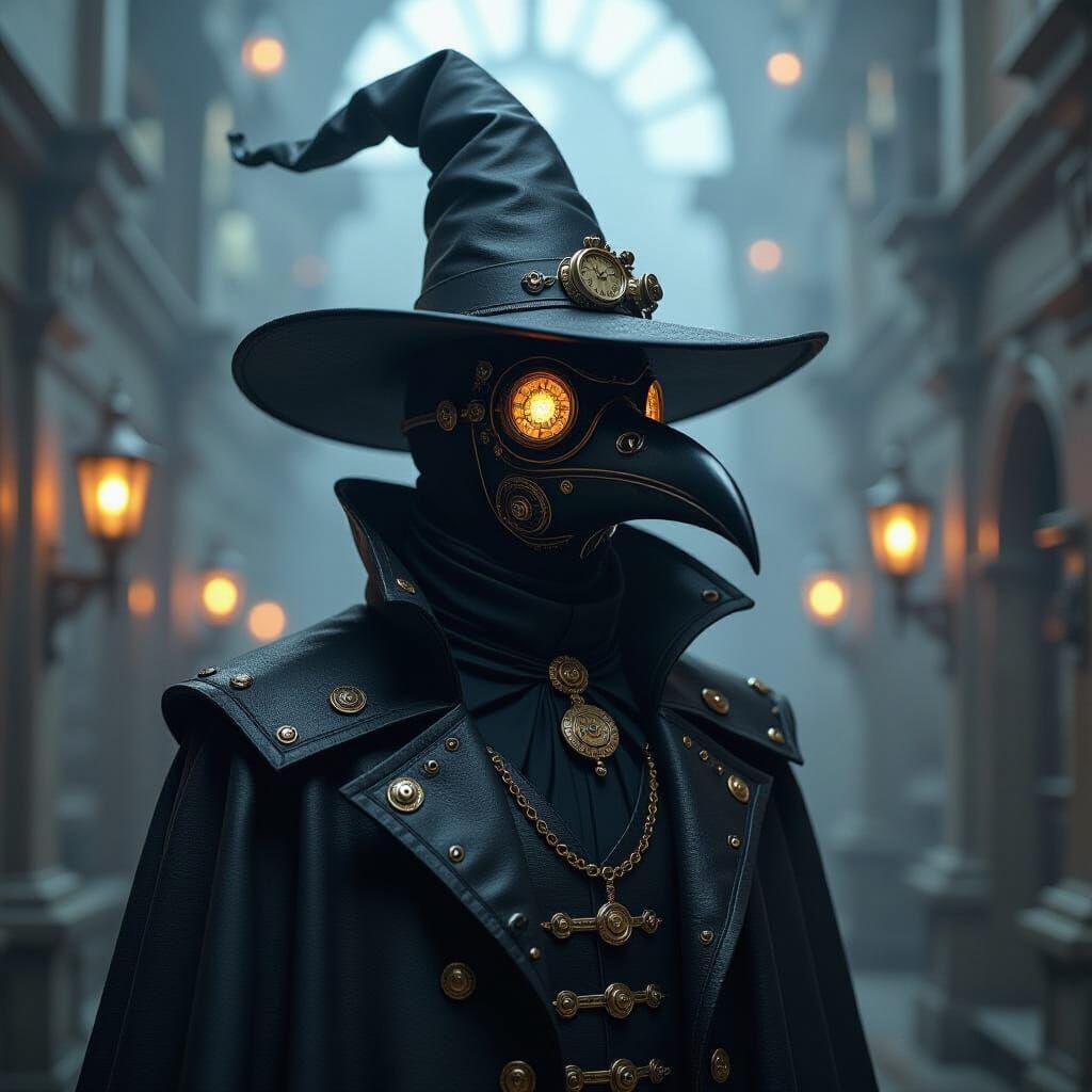 Steampunk Plague Doctor in Surreal Dreamscape