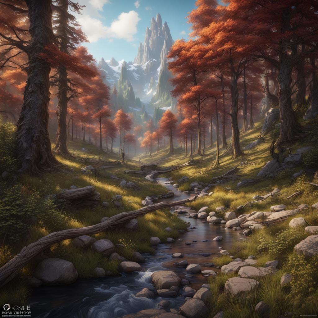 Mountain Stream Hiking Path in Matte Painting Style