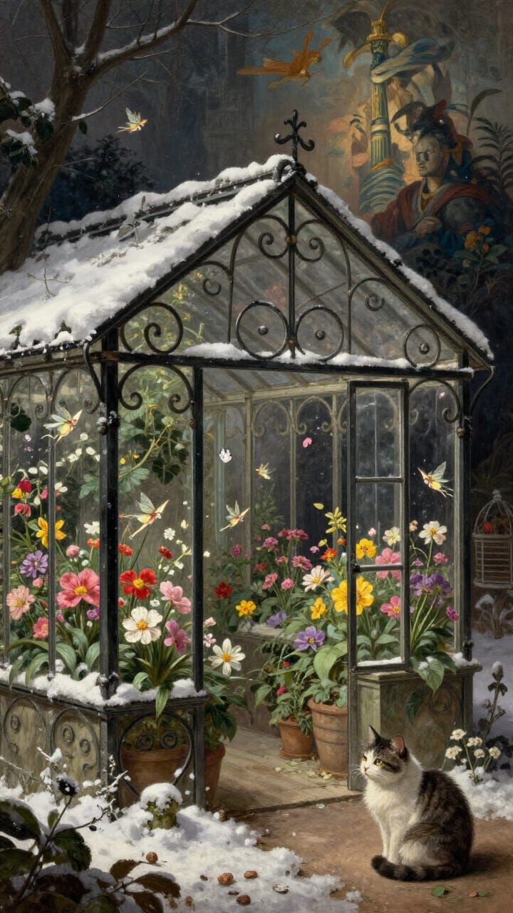 Fairies in a Snowy Victorian Greenhouse with a Cat