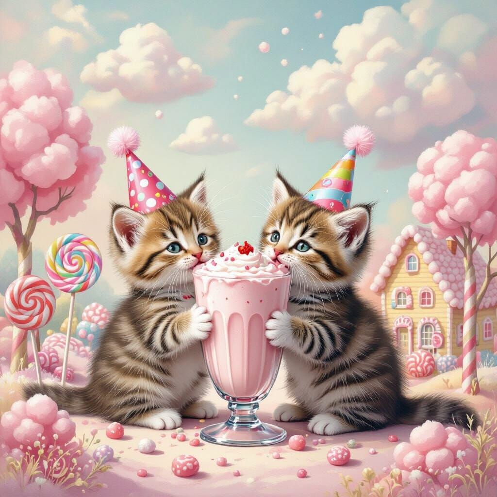 Kittens Share Milkshake in Whimsical Candy Land