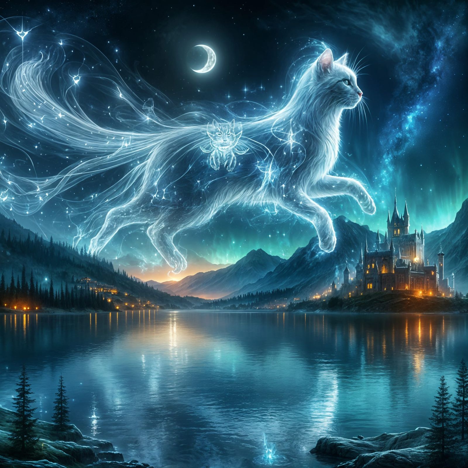 Ethereal Ghost Cat Patronus Over Serene Lake
