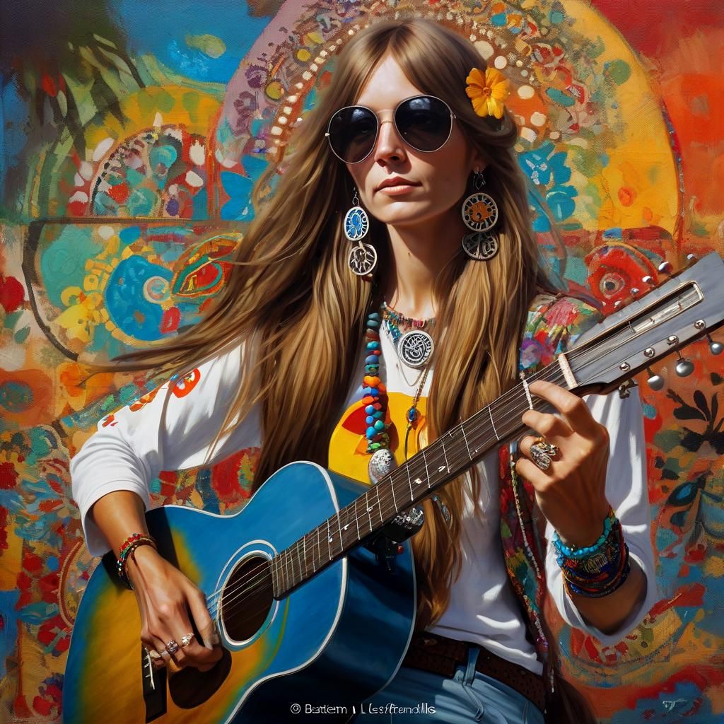 60s Hippie Girl Portrait as Elaborate Oil Painting