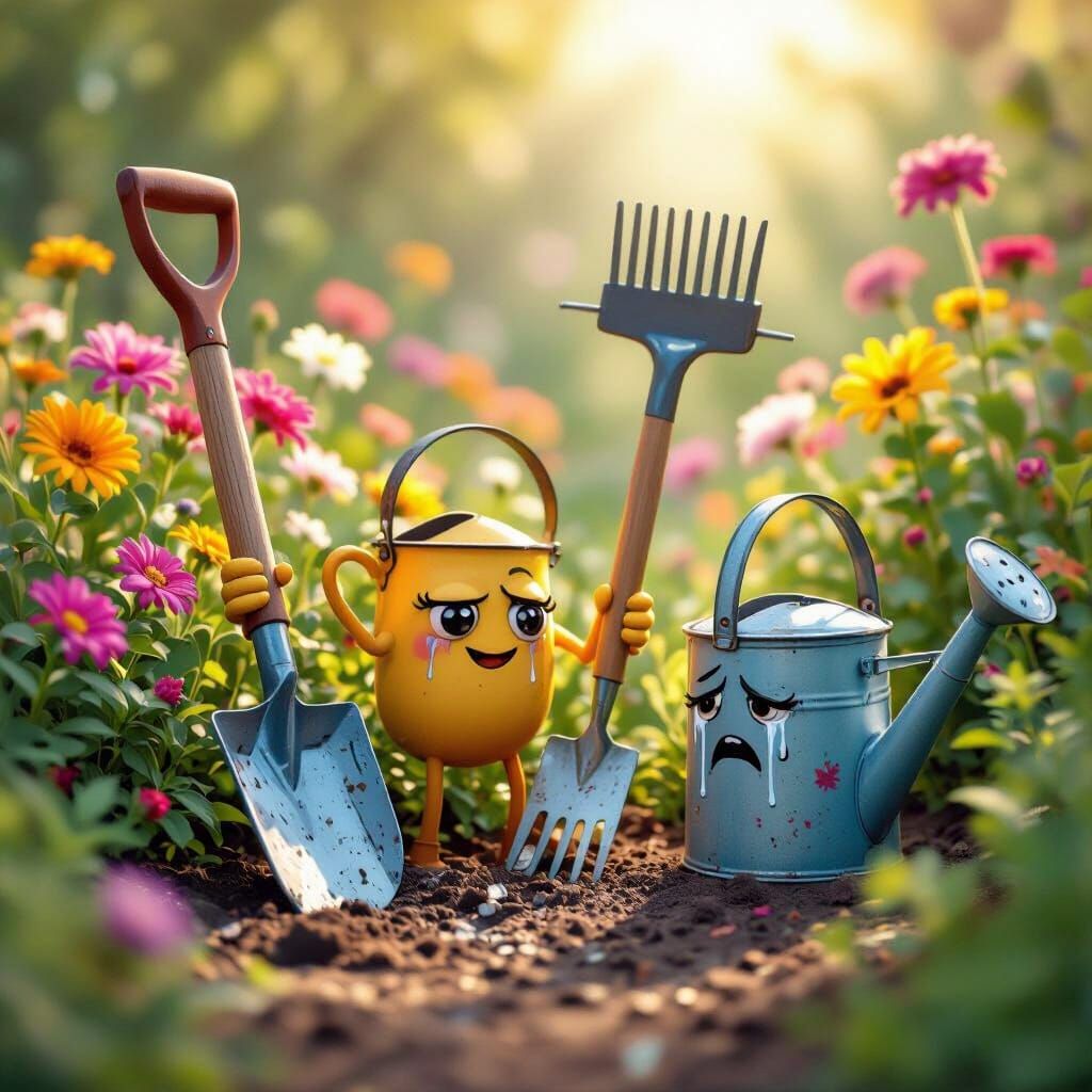 Whimsical Anthropomorphic Garden Tools in Watercolor