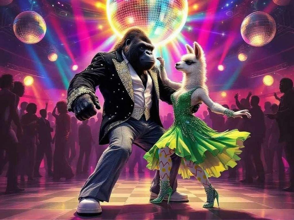 Majestic Gorilla and Alpaca Disco Dancers in Retro Futuristi...